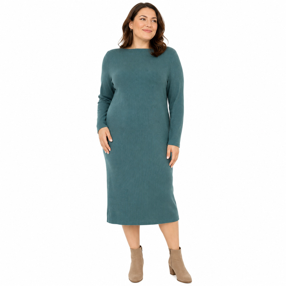 Nine West Ribbed Sweater Knit Teal Long Sleeve Midi Dress Rayon Blend sz Large